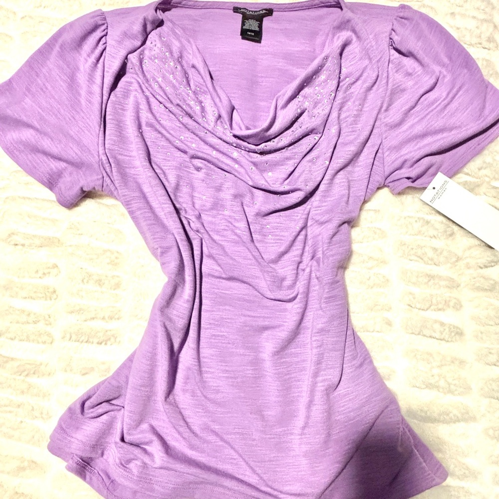 Notations Lavender Short Sleeve Top w/ rhinestone embellishments & draped neck.
